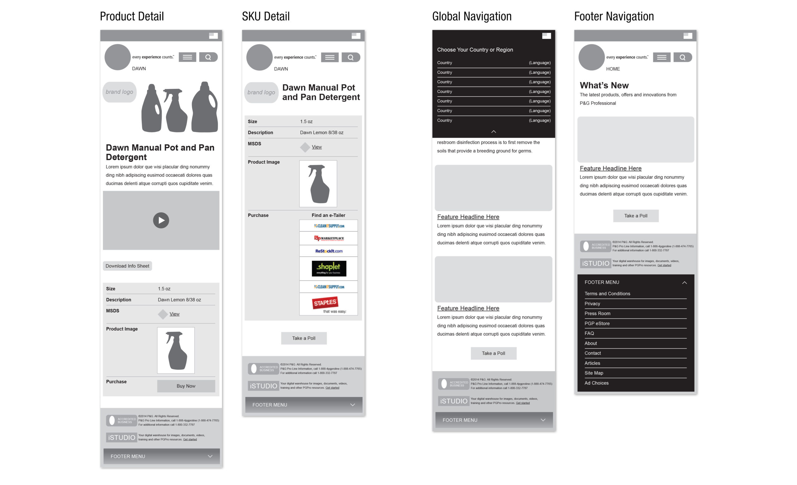 Procter and Gamble mobile website wireframes
